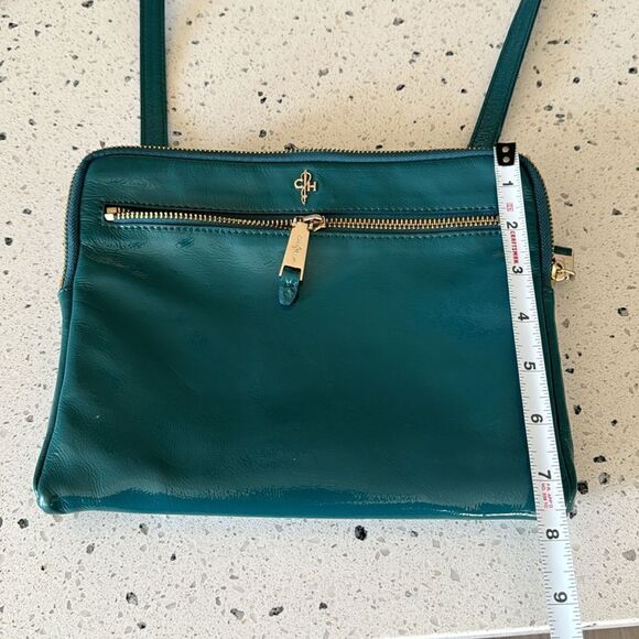 COLE HAAN JITNEY Teal Green Patent Leather Shoulder Purse Top Zip Travel Bag EUC - Picture 7 of 16